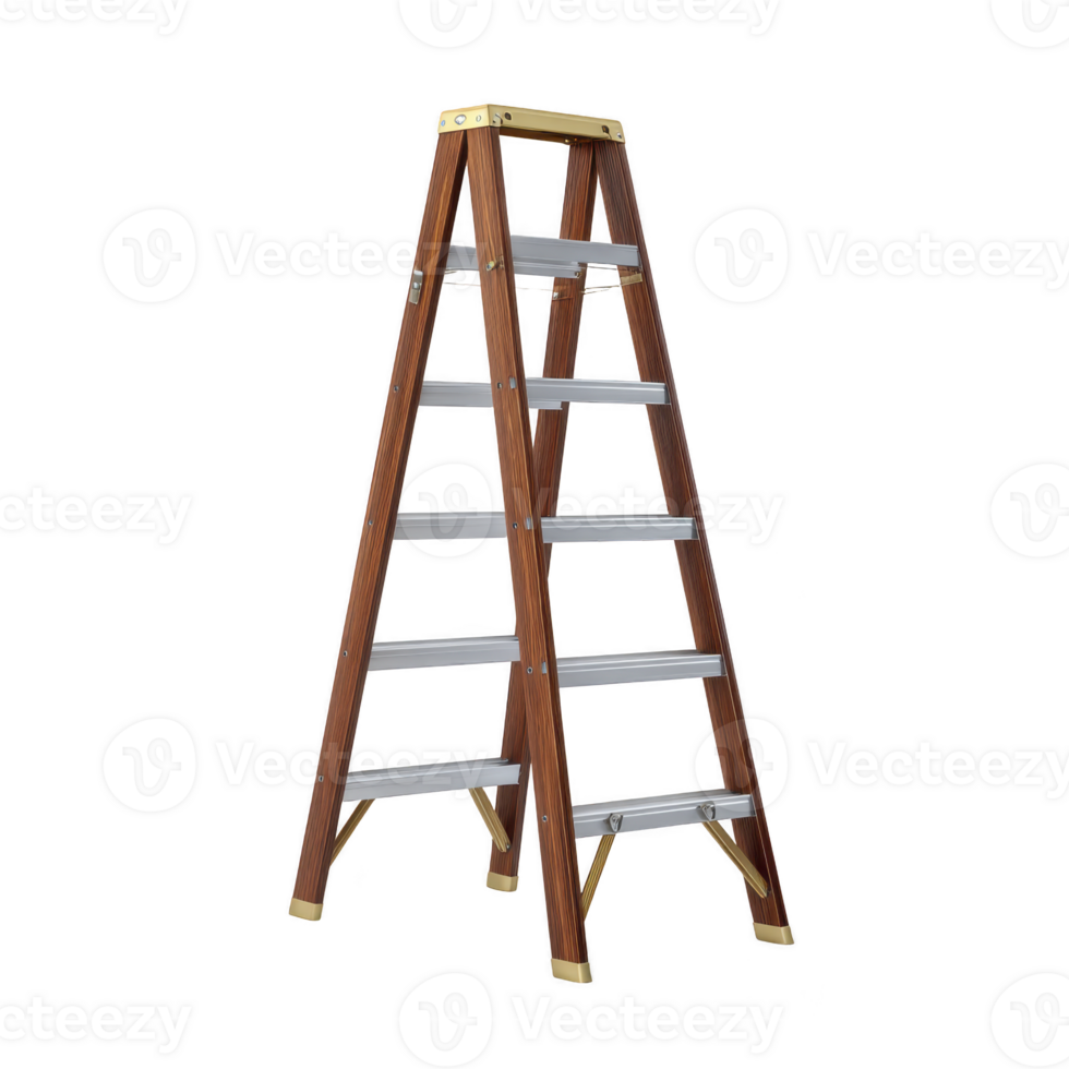 Sturdy wooden step ladder with metal steps, designed for indoor and outdoor use, stands upright against plain background. Its durable construction ensures safety and reliability png