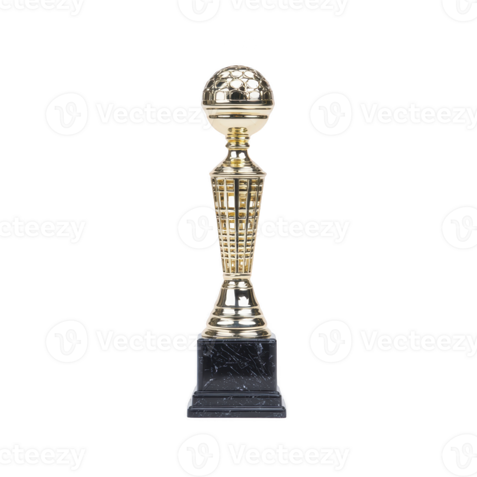 Tall, elegant gold trophy with globe design on top, set on black marble base, symbolizes achievement and excellence. Perfect for awards and recognition events png