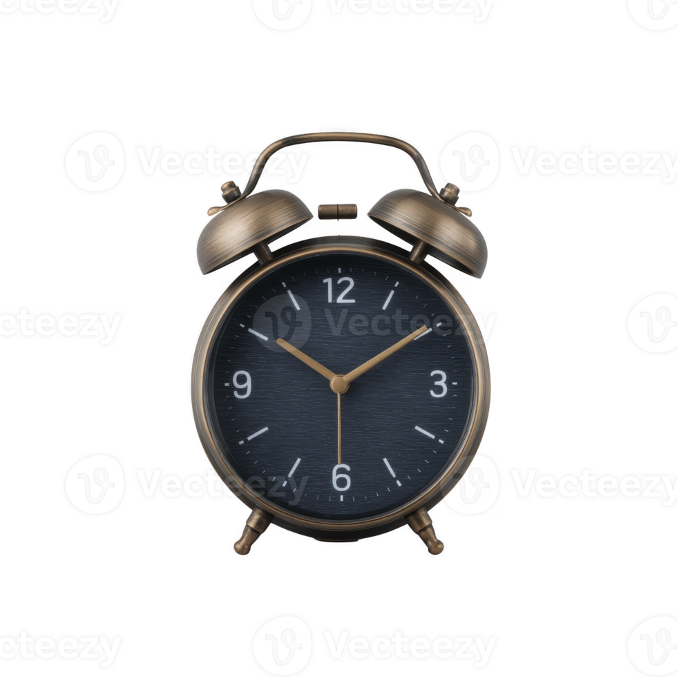 Vintage style bronze alarm clock with dark blue face and white numerals, featuring two bells on top and classic clock hands, evokes sense of nostalgia and timelessness png