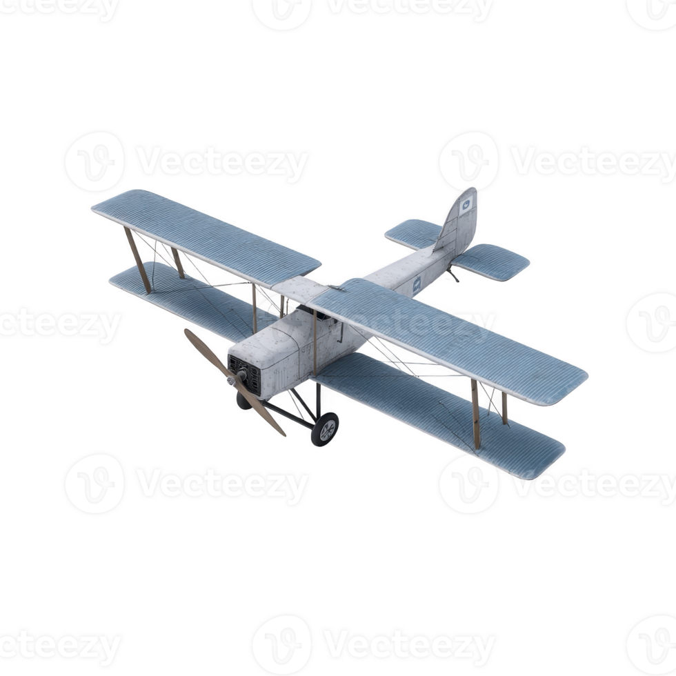 Vintage biplane with blue and white color scheme, featuring dual wings and classic propeller design, evokes sense of nostalgia and adventure png
