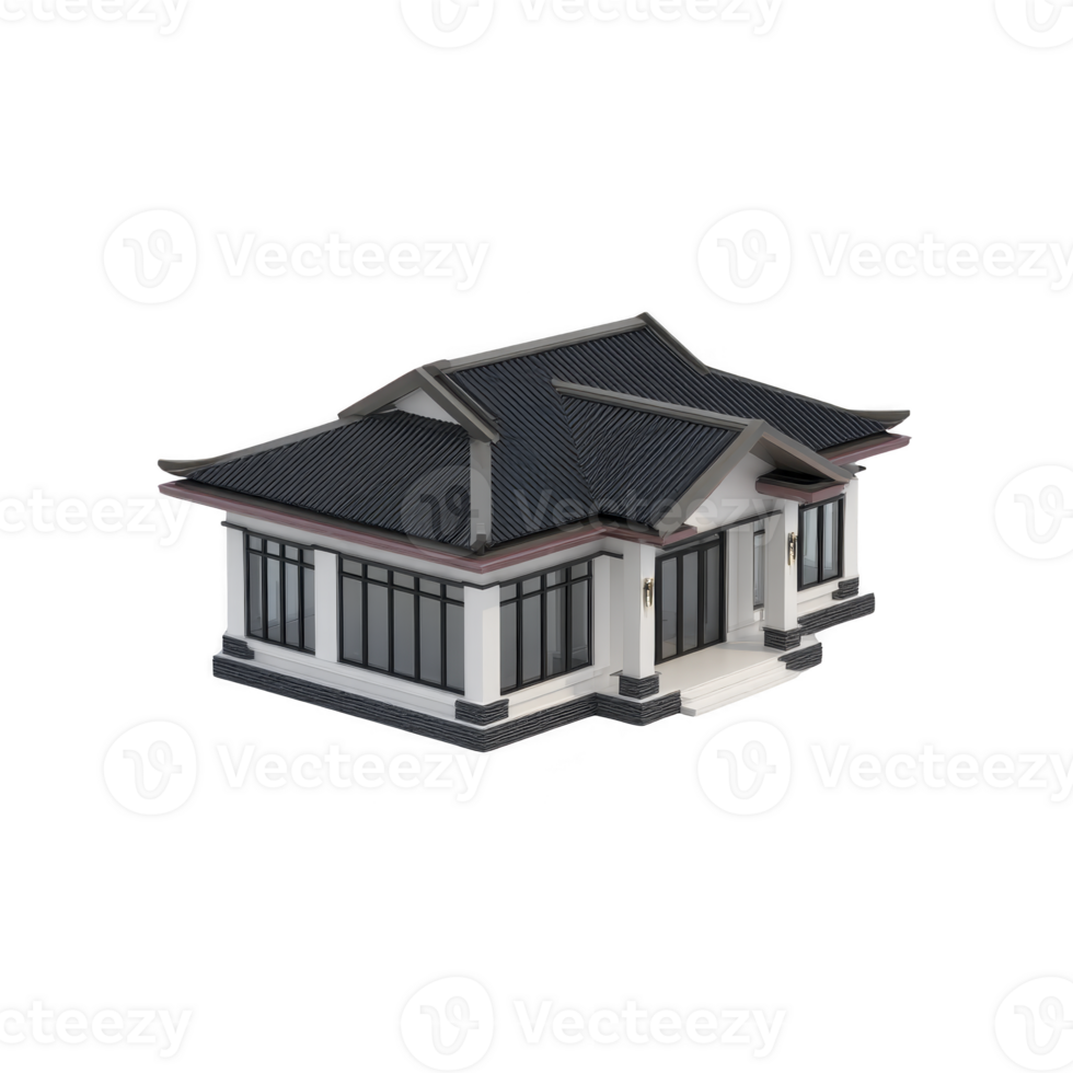 Modern single story house with dark gray gabled roof and large windows, featuring minimalist design and white exterior walls. structure exudes contemporary and elegant style png