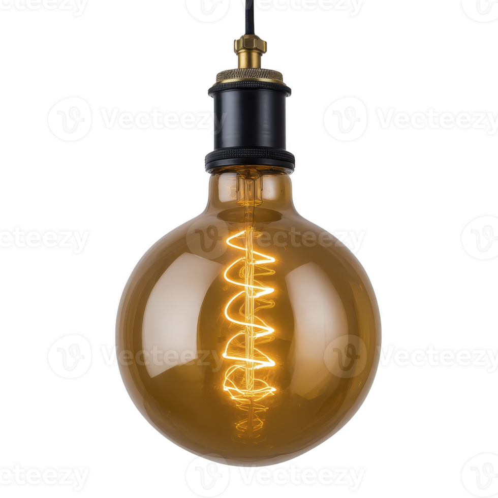 Vintage style Edison bulb with glowing filament hangs from black cord, casting warm, inviting light. bulb amber glass enhances its nostalgic charm png