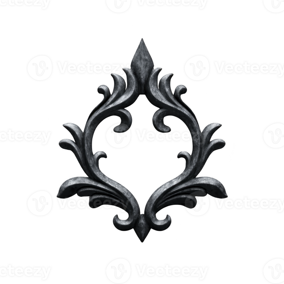 Ornate, symmetrical black wrought iron design with intricate scrollwork and pointed top, resembling decorative element for gates or fences png
