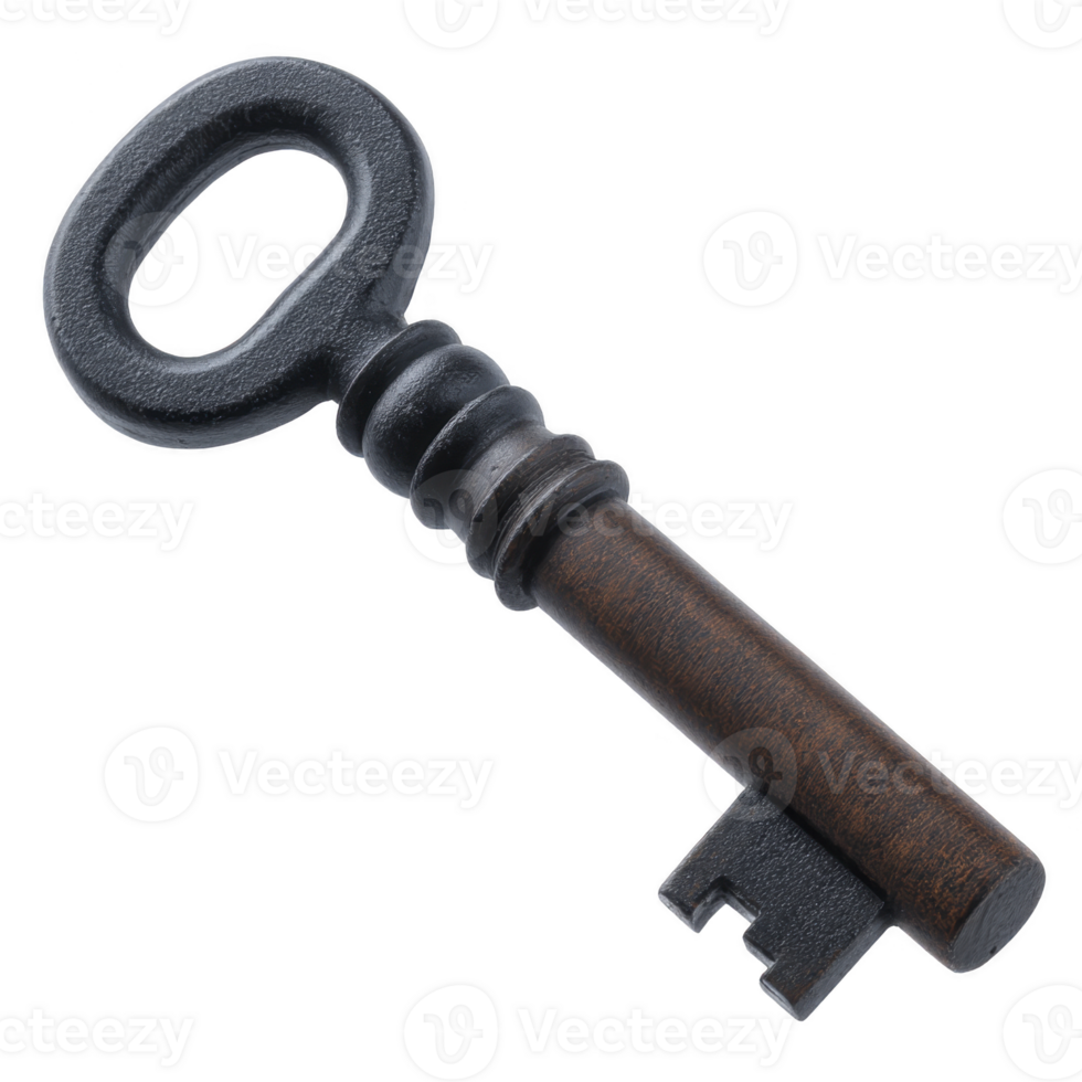 Antique metal key with round handle and intricate design, showcasing vintage craftsmanship and rustic charm. key aged appearance adds sense of history and mystery png