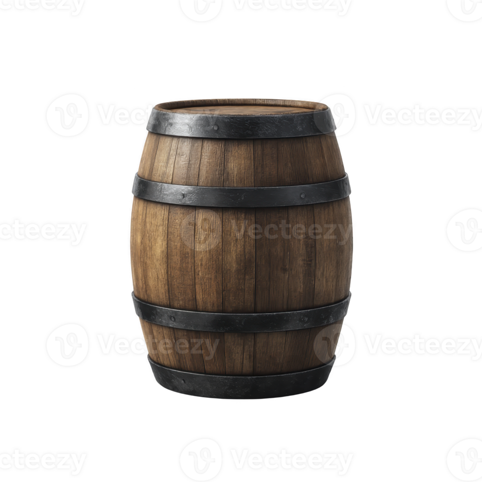 Wooden barrel with metal bands is displayed against plain background, showcasing its rustic and vintage design. barrel texture and craftsmanship evoke sense of tradition and history png