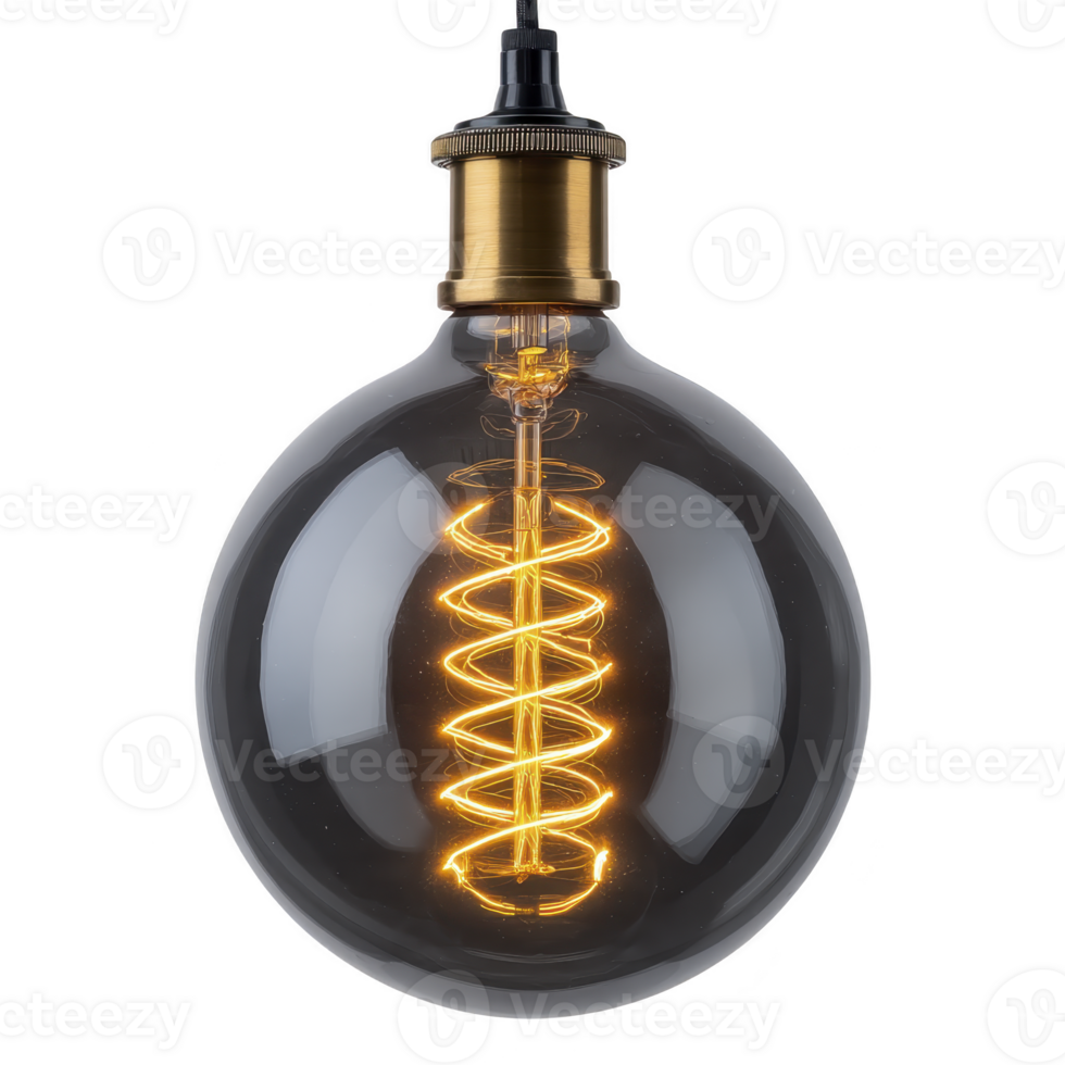 Glowing vintage style light bulb with visible filament creates warm and inviting atmosphere. round glass design and intricate filament pattern add touch of elegance and nostalgia png