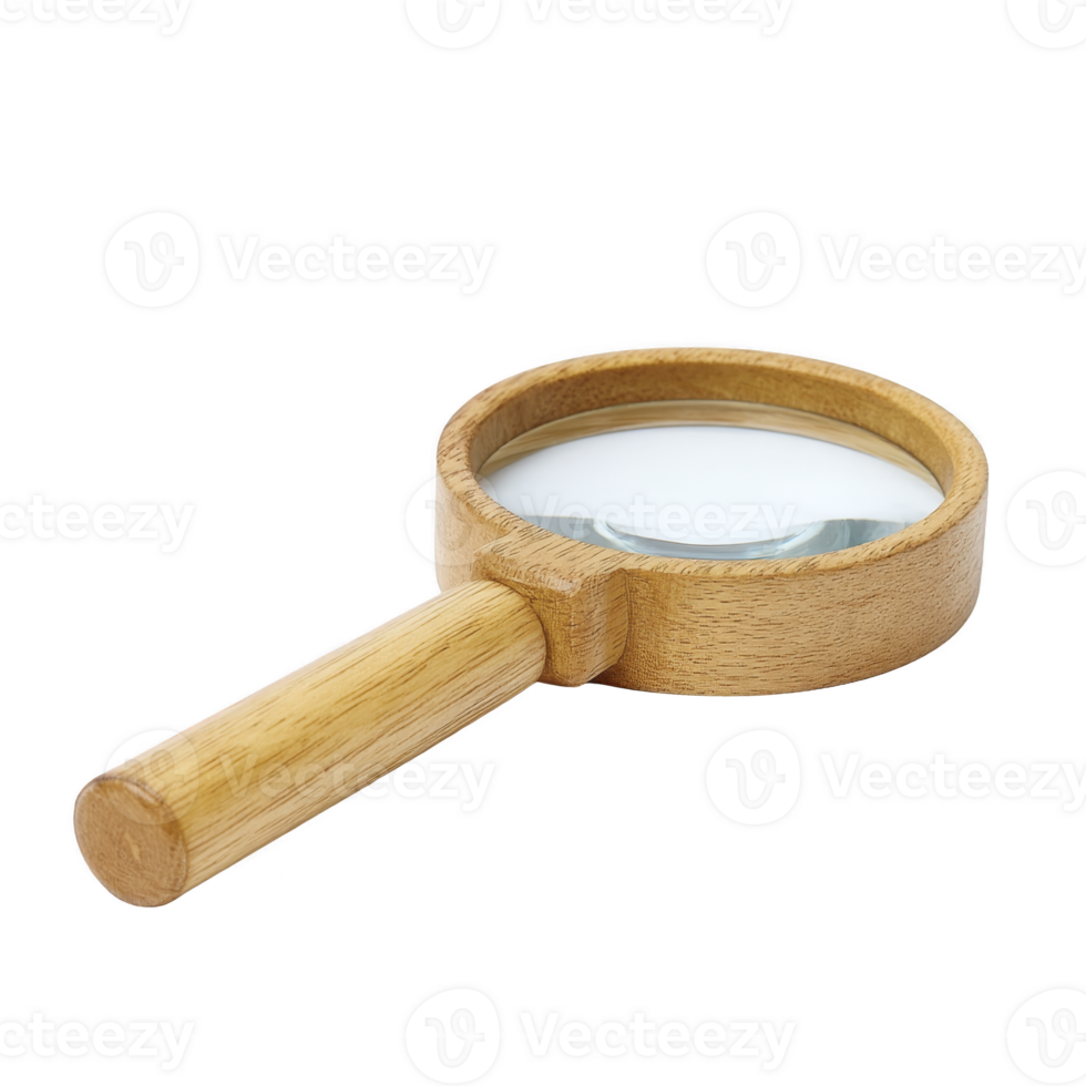 Wooden handled magnifying glass with circular lens is shown against transparency background, highlighting its simple and classic design png