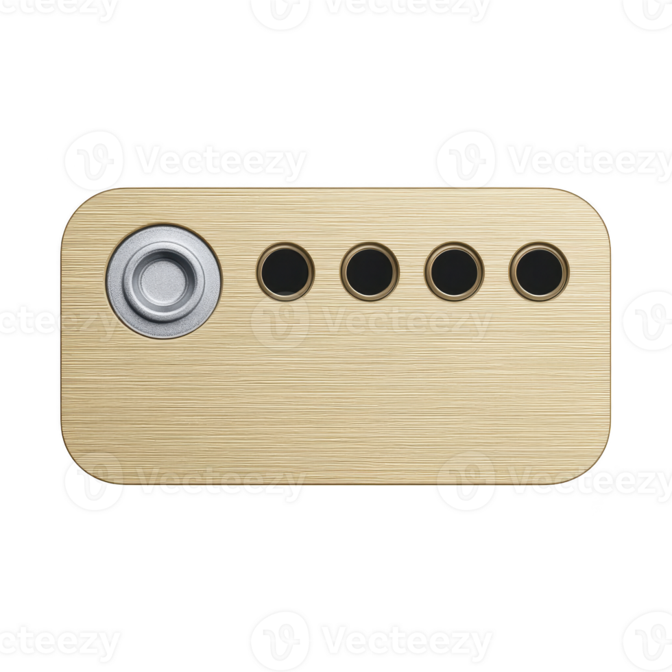 retangular, metálico, ouro colori objeto com escovado textura características circular botão em esquerda e quatro menor circular buracos em certo. Projeto é lustroso e moderno png