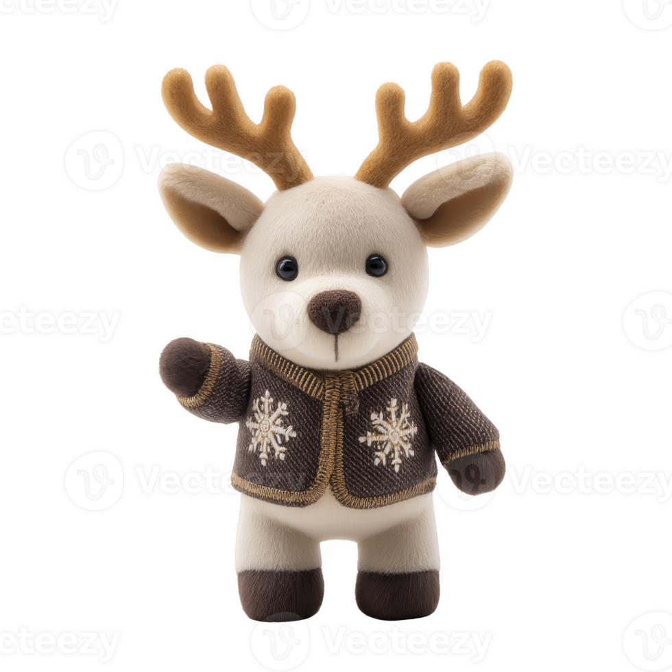 Cute plush reindeer toy wearing festive jacket with snowflake patterns, featuring soft antlers and friendly expression. Perfect for holiday decorations or gifts png