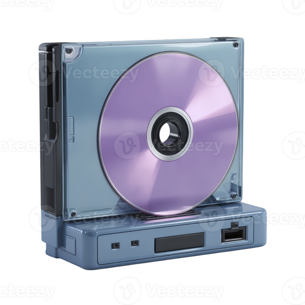 Purple CD is encased in transparent blue case, resting on retro style electronic device. setup evokes nostalgia with its vintage design and color scheme png
