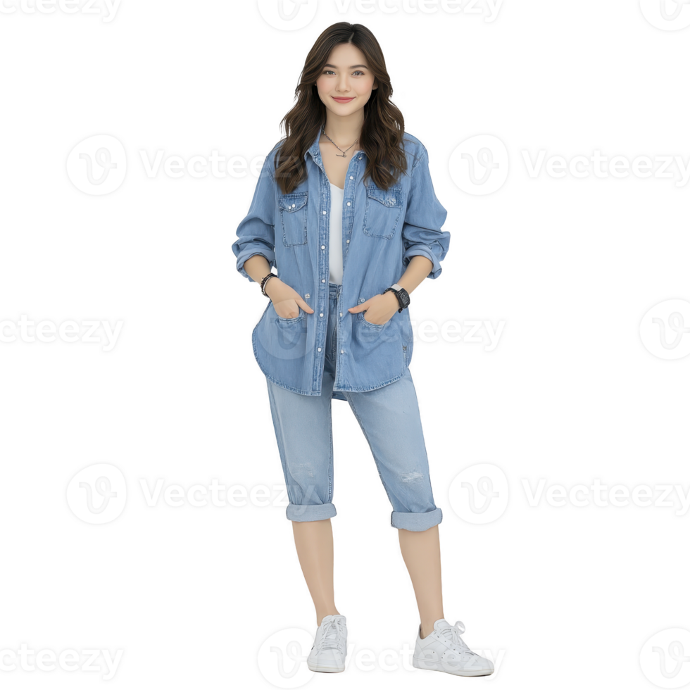 Woman in casual denim outfit stands confidently, wearing denim shirt and jeans with white sneakers. Her relaxed pose and friendly smile convey sense of ease and style png