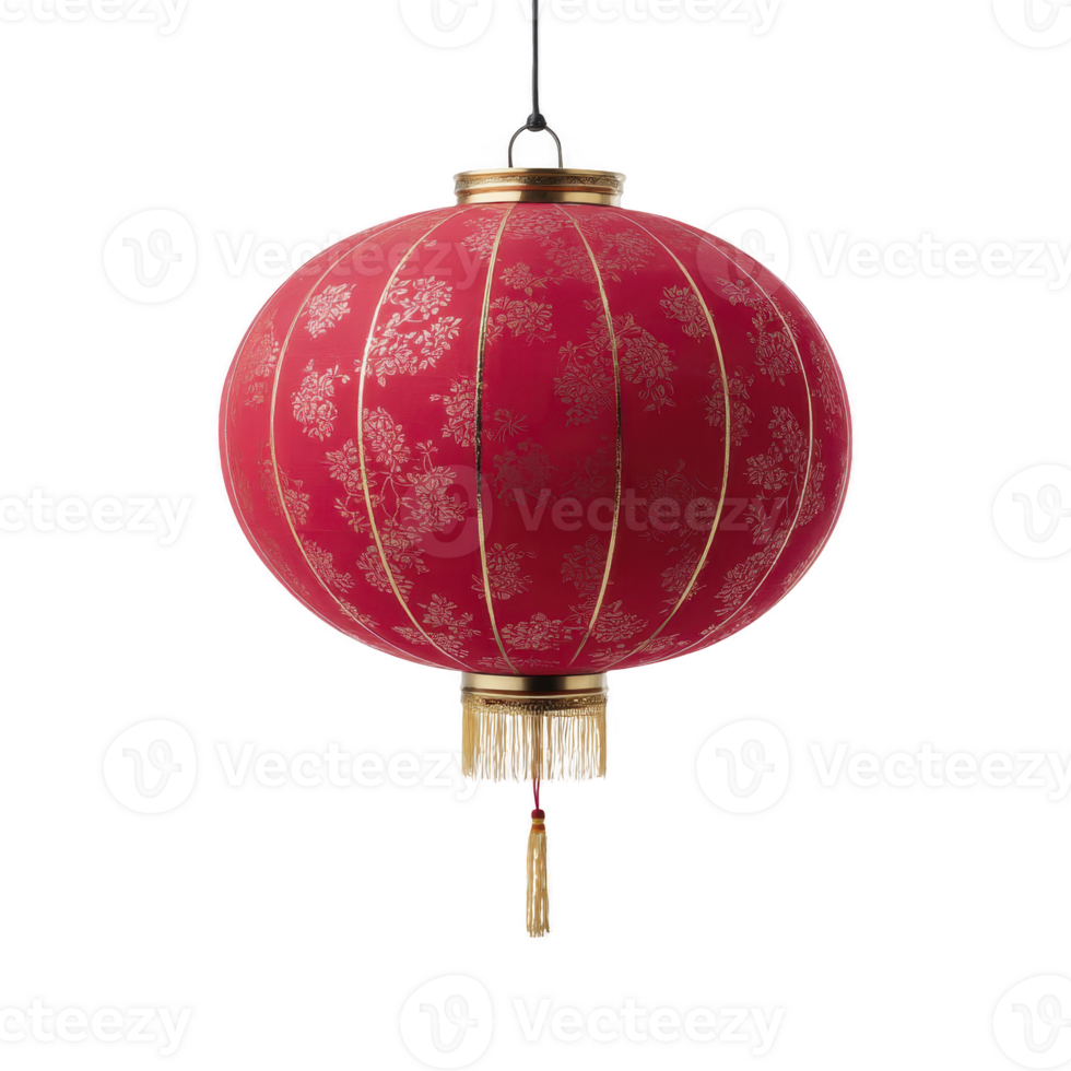 Vibrant red Chinese lantern with intricate floral patterns and golden tassels hanging below, symbolizing celebration and tradition png