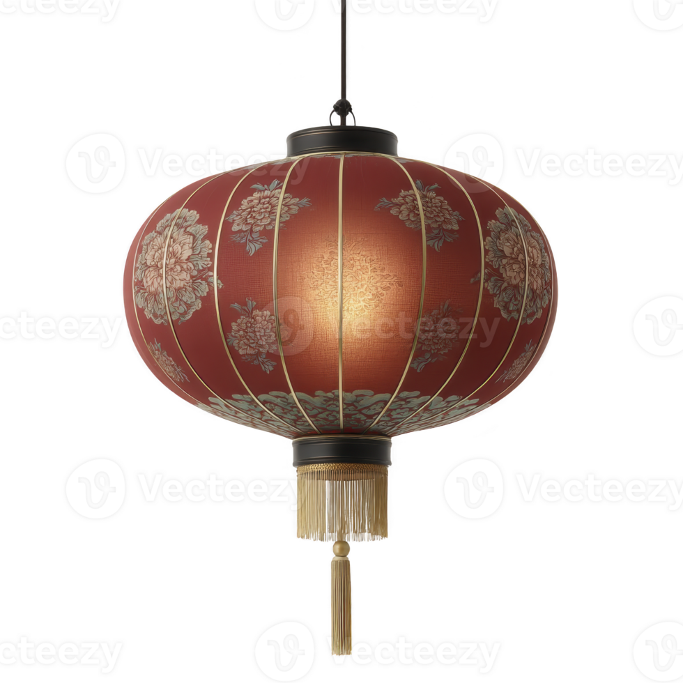 Traditional red Chinese lantern with intricate floral patterns and golden tassels, glowing warmly. lantern is suspended by black cord, creating festive and cultural ambiance png