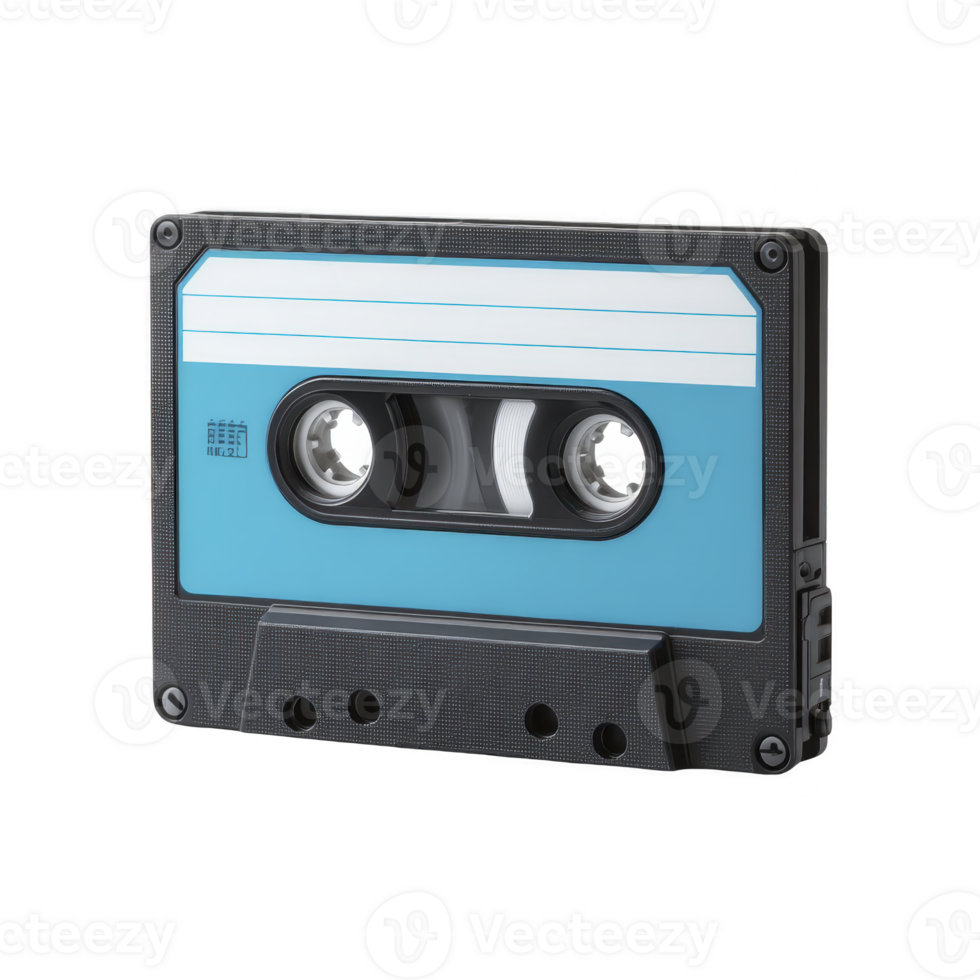 Retro blue cassette tape with black casing and visible reels evokes nostalgia. tape features blank label for customization, capturing essence of vintage audio recording png