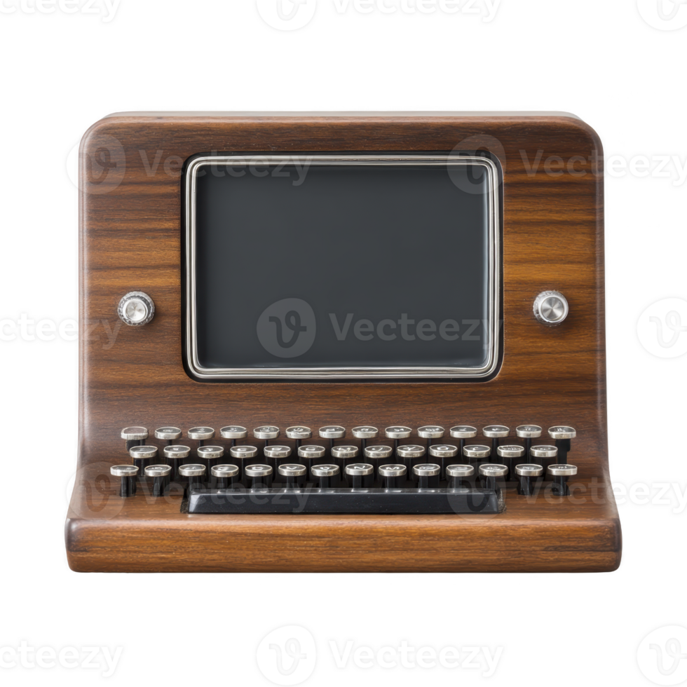 Vintage style wooden computer with retro design features classic keyboard and blank screen, evoking nostalgia and sense of timeless elegance png