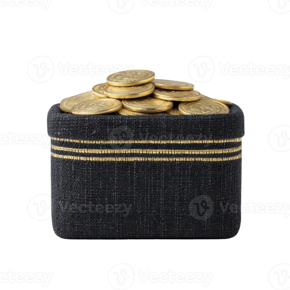 Small black box filled with shiny gold coins, symbolizing wealth and prosperity. box has textured surface with gold accents, adding touch of elegance and luxury to scene png