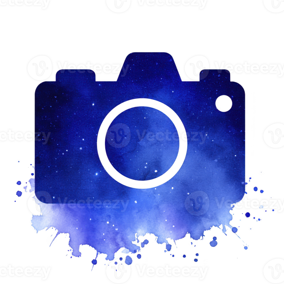 Blue watercolor camera silhouette with starry night sky effect creates dreamy artistic design. splattered paint adds creative touch, blending photography and art png