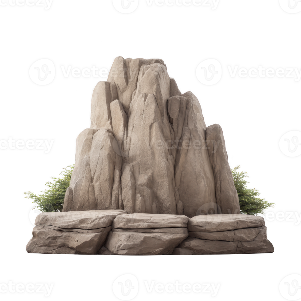 Large, rugged rock formation with jagged edges stands prominently, surrounded by small green shrubs at its base, creating natural and serene landscape png