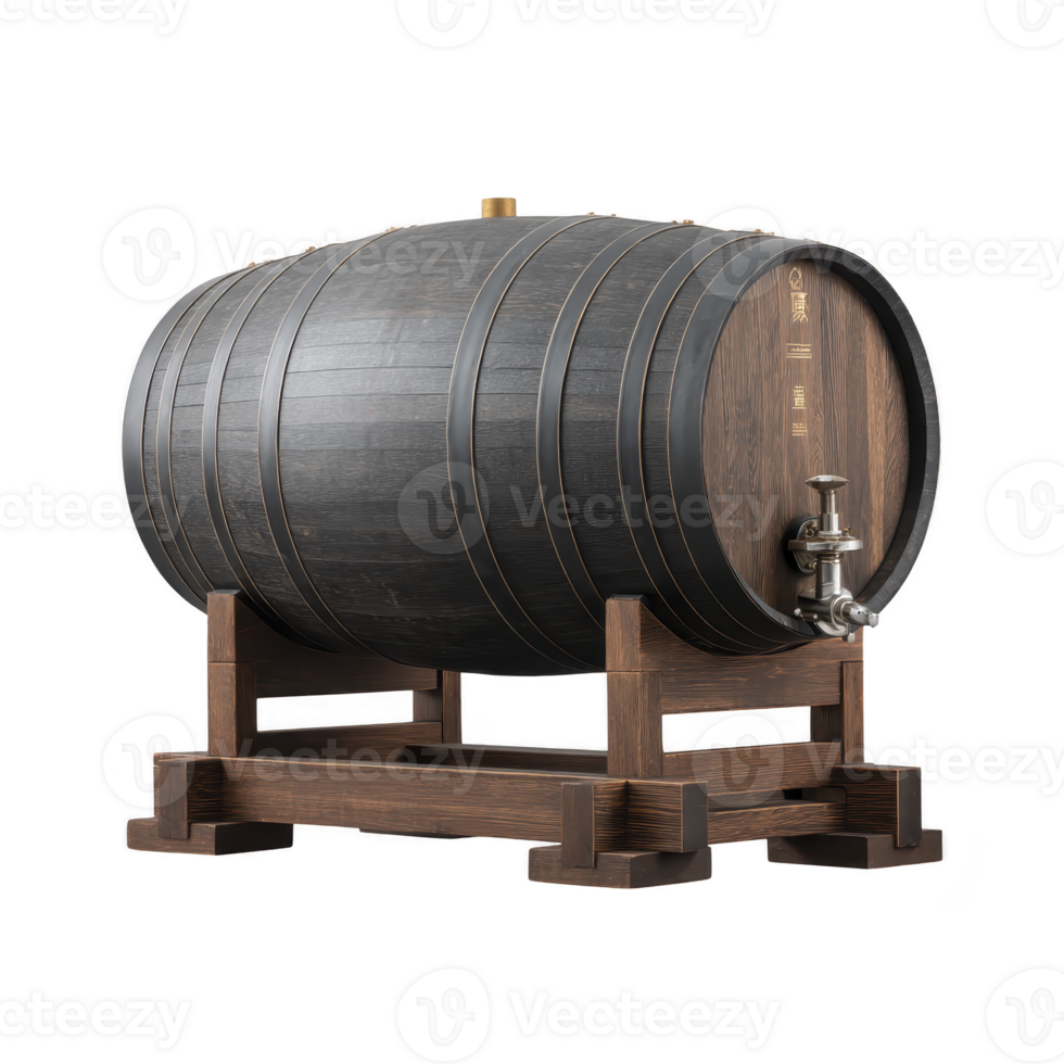 Wooden barrel with metal bands is placed on wooden stand, featuring spigot for dispensing liquids. barrel rustic design suggests it is used for aging or storing beverages like wine or whiskey png