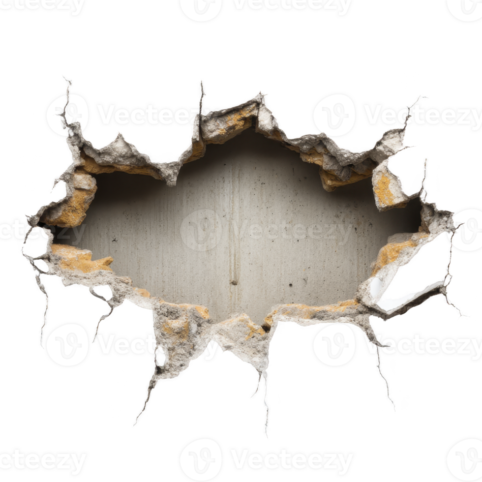 Large, jagged hole in concrete wall reveals rough, textured surface, suggesting damage or demolition. edges are uneven, with exposed rebar and crumbling material, creating dramatic effect png