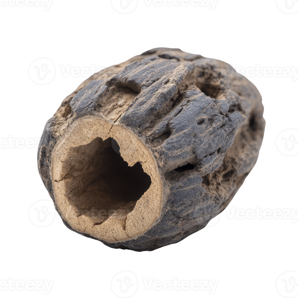 Dried, hollow seed pod with textured, rough surface and open end, showcasing its natural, organic form. pod earthy tones and intricate details evoke sense of nature artistry png