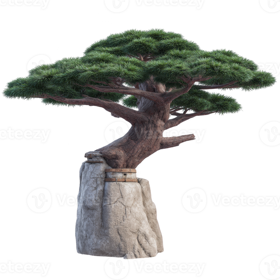 Beautifully shaped bonsai tree with lush green foliage sits atop textured rock, showcasing harmonious blend of nature and art png