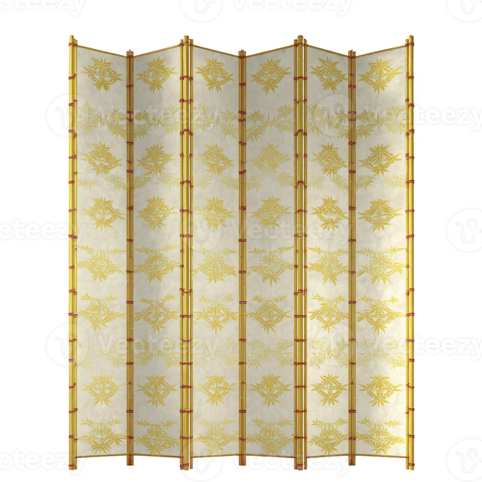 Decorative folding screen with gold floral pattern on transparency background, featuring wooden frames. elegant design adds touch of sophistication to any room png