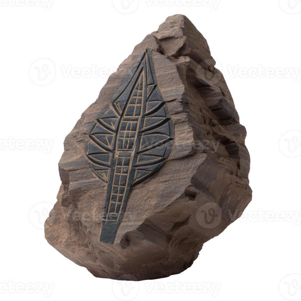 Large, rugged stone features intricate, geometric leaf design carved into its surface, showcasing blend of natural and artistic elements. carving adds sense of mystery and ancient craftsmanship png