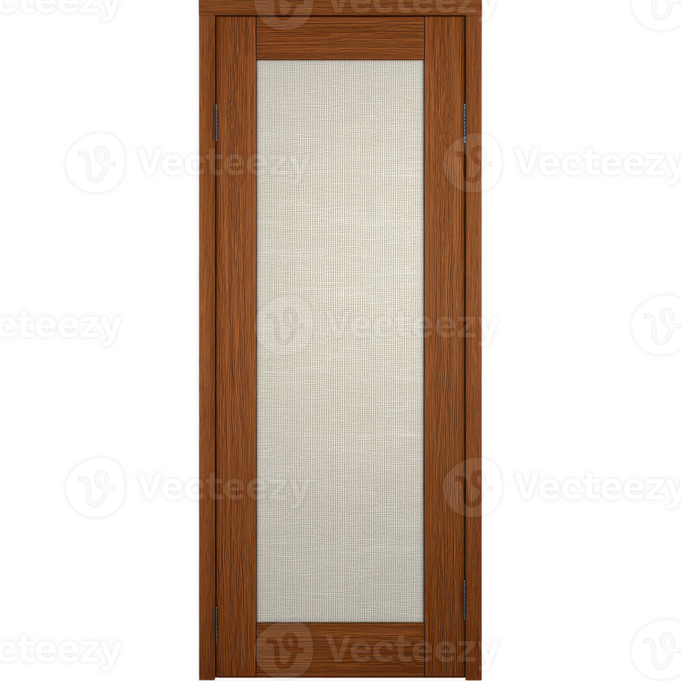 Wooden door with frosted glass panel in center, featuring warm brown finish and vertical grain pattern, suitable for interior use png