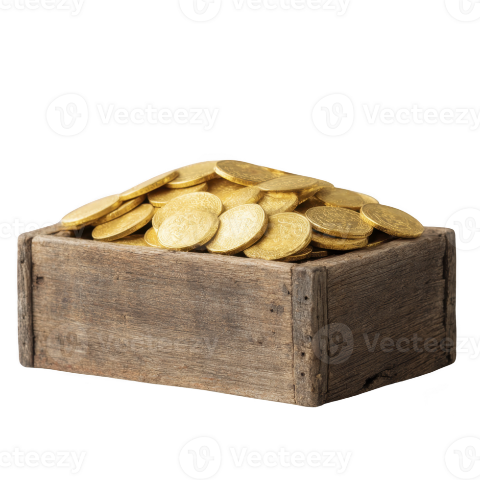 Wooden box filled with shiny gold coins, symbolizing wealth and treasure, is displayed against transparency background. rustic container contrasts with gleaming coins, creating sense of discovery png