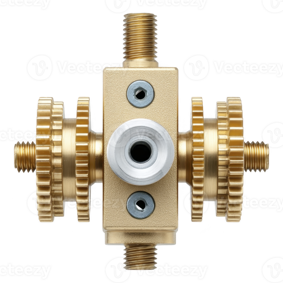 Complex brass gear mechanism with multiple interlocking gears and threaded connectors, showcasing precision engineering and industrial design png