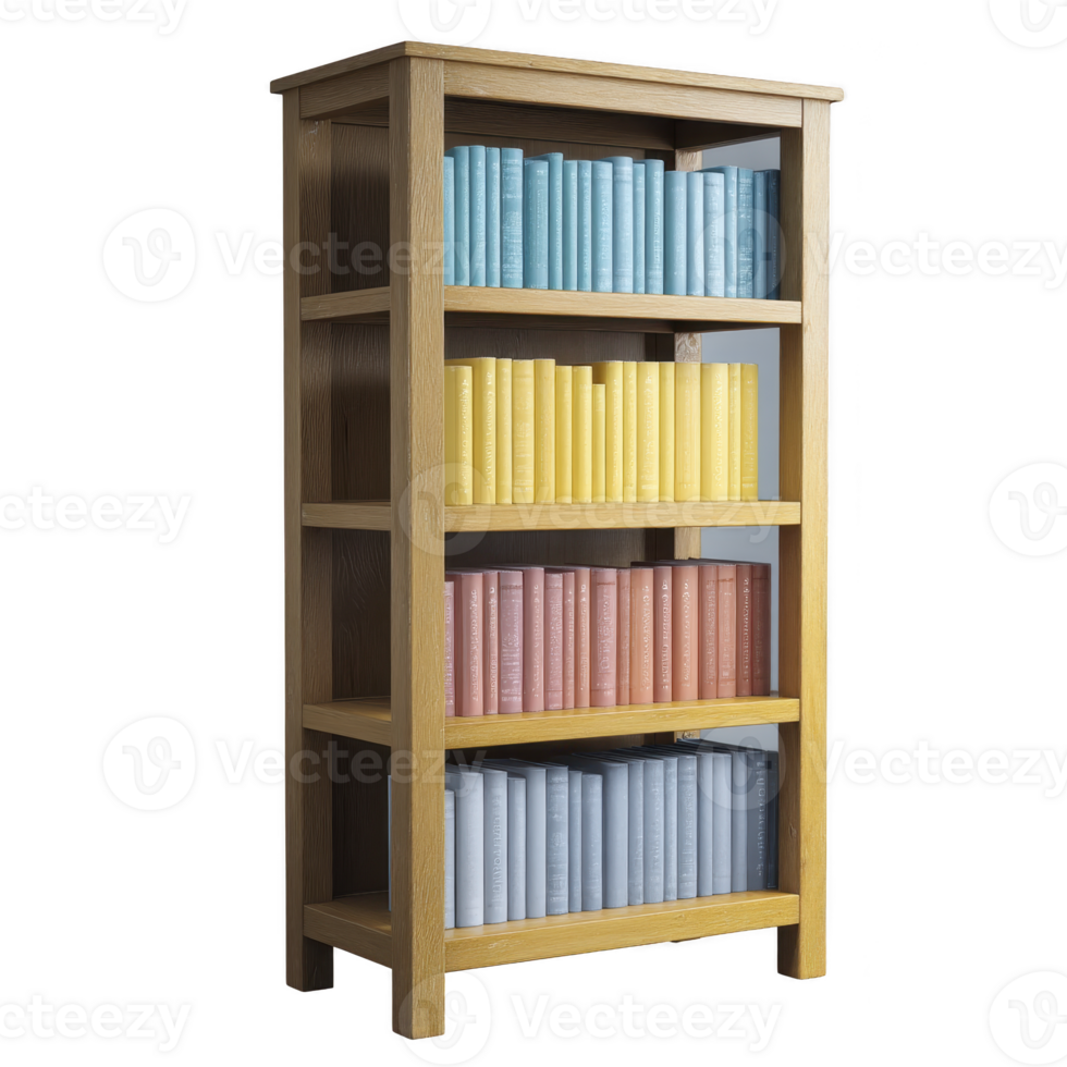 Wooden bookshelf filled with colorful books arranged by color, creating visually appealing gradient effect. bookshelf has four shelves, each displaying books different hues, adding vibrant touch png