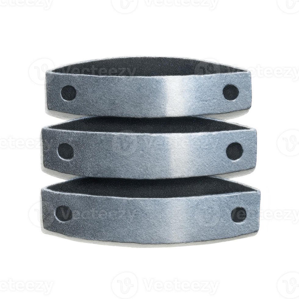 Stack of three metallic, curved plates with holes on each end, resembling industrial components or mechanical parts. shiny surface and symmetrical design suggest durability and precision png
