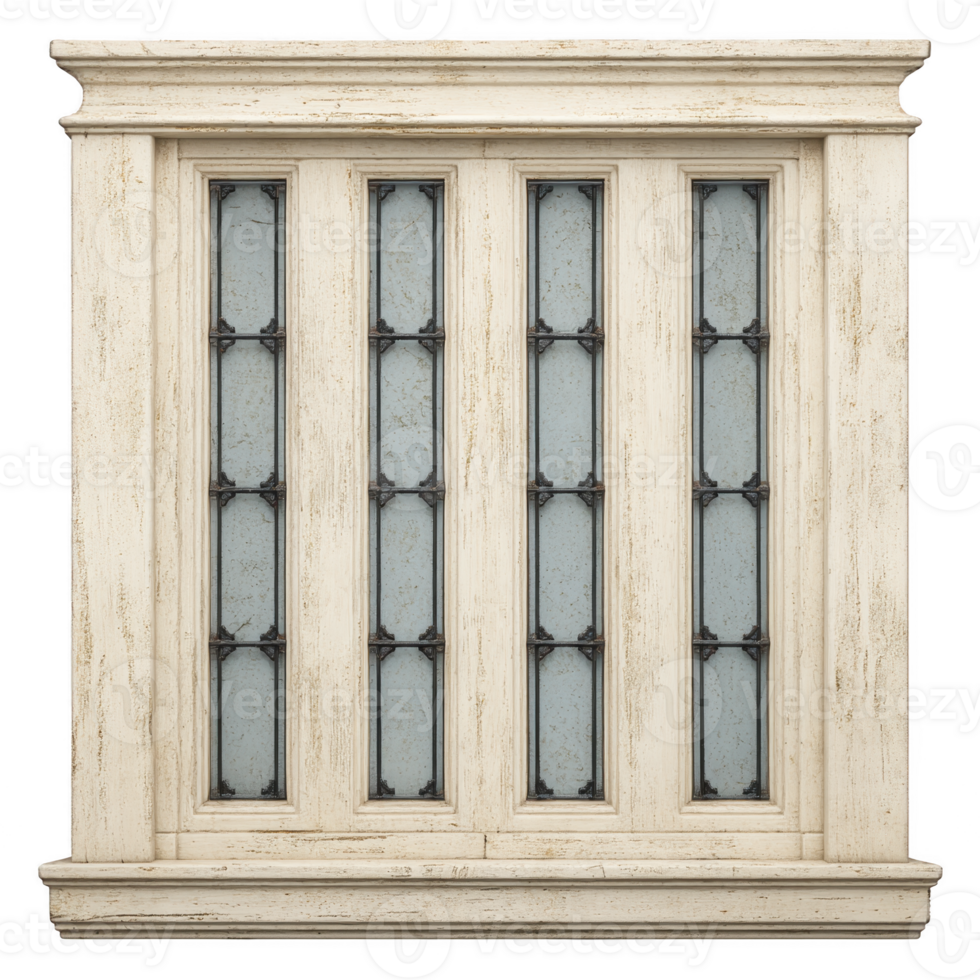 Vintage wooden window frame with three vertical glass panels featuring decorative metal bars, showcasing antique and rustic design. frame has distressed, weathered finish png