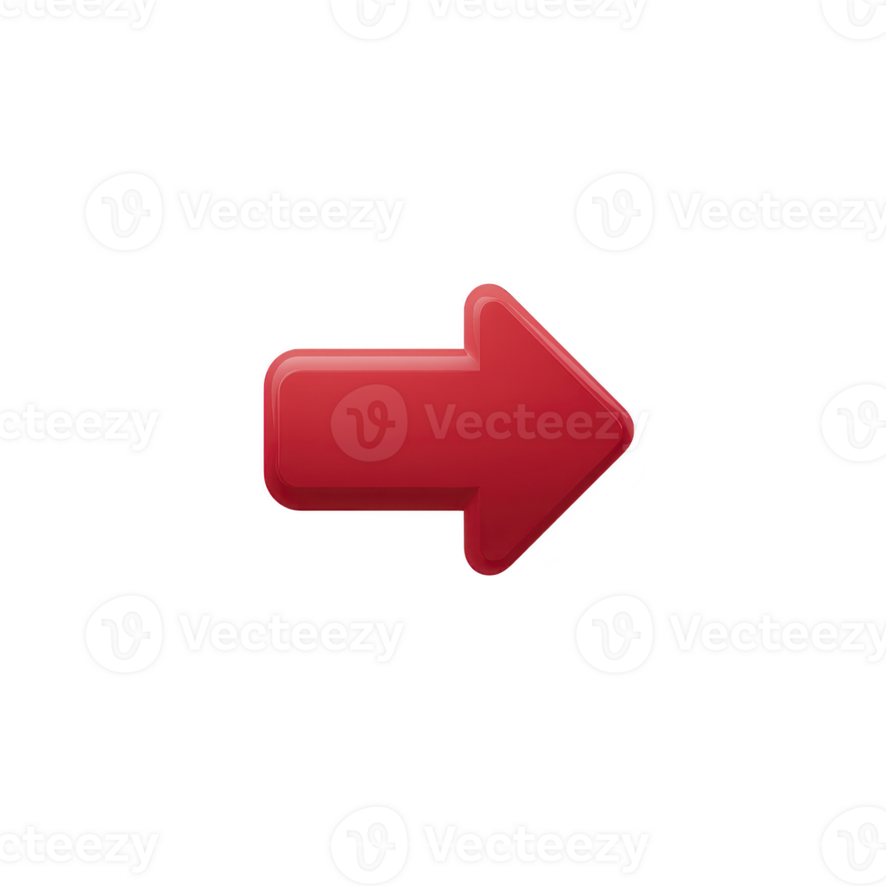 Shiny red arrow pointing to right on transparent background, symbolizing direction or movement. glossy finish adds modern touch, making it suitable for digital interfaces png