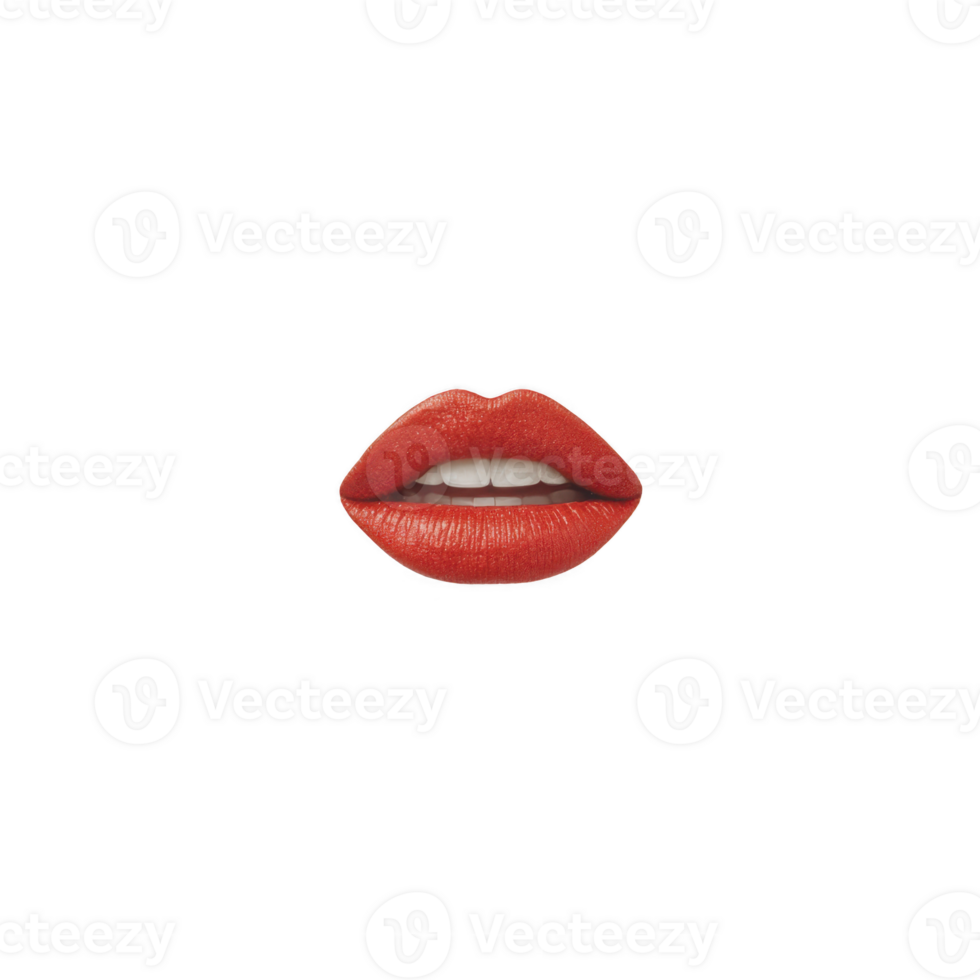 Red lips with glossy finish are centered on transparency background, showcasing bold and vibrant appearance. lips are slightly parted, revealing white teeth, creating striking and expressive look png