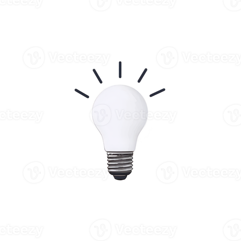 Glowing white light bulb with black rays symbolizes creativity and innovation. bulb is isolated on transparency background, emphasizing its simplicity and brightness png