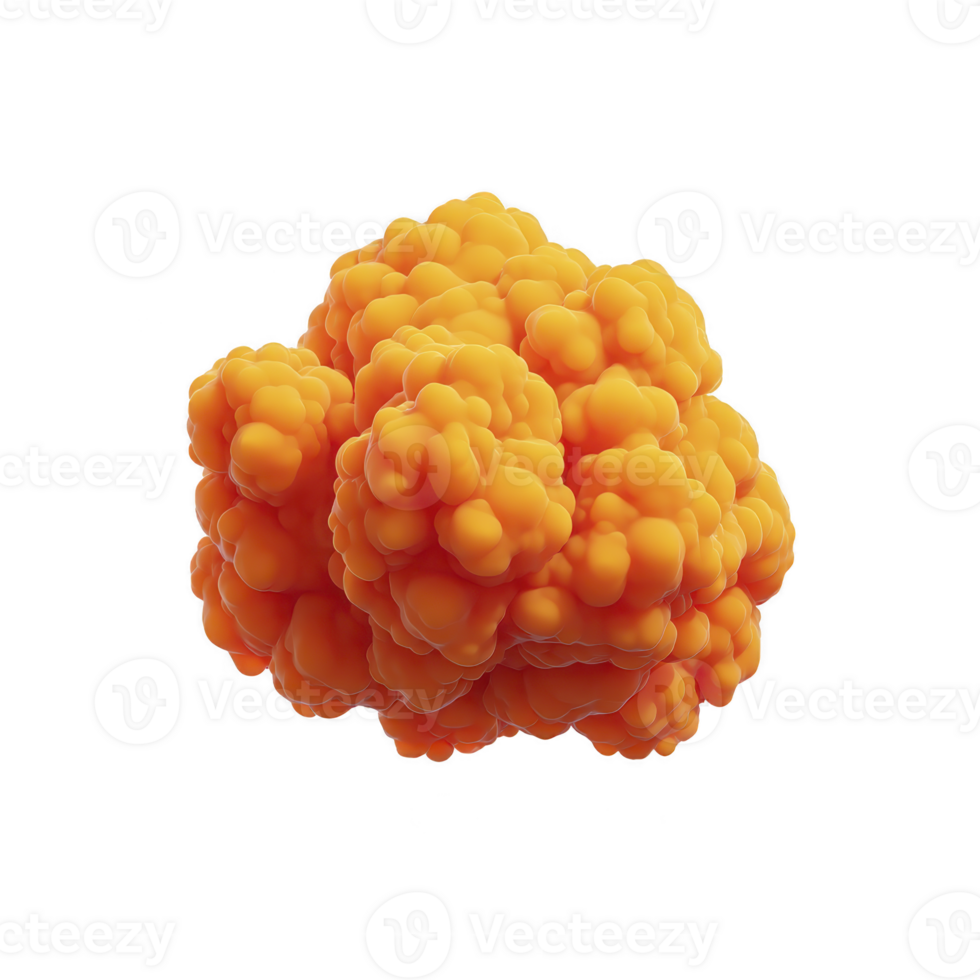 Vibrant, abstract 3D rendering of orange cloud like structure with smooth, bumpy surface, resembling cluster of bubbles or cells. image is isolated on transparency background png