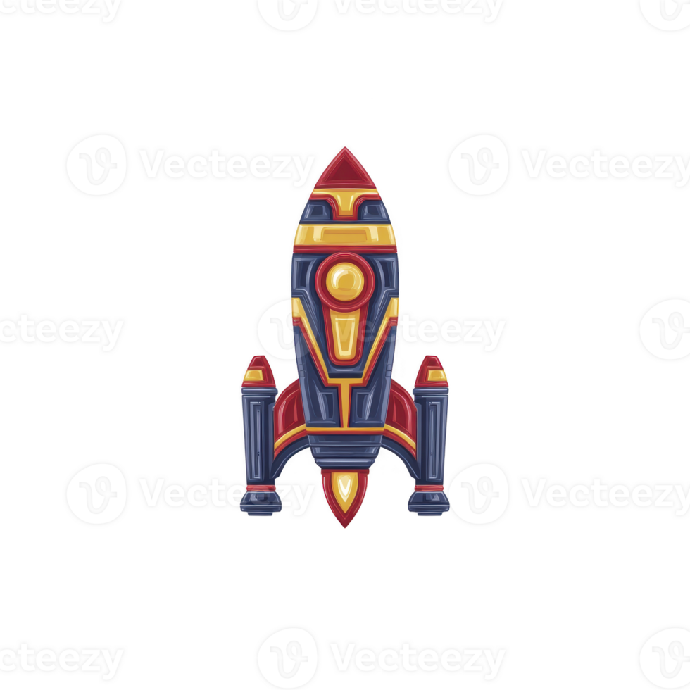Colorful, stylized rocket ship with vibrant red, blue, and yellow patterns stands against plain background, evoking sense of adventure and exploration png