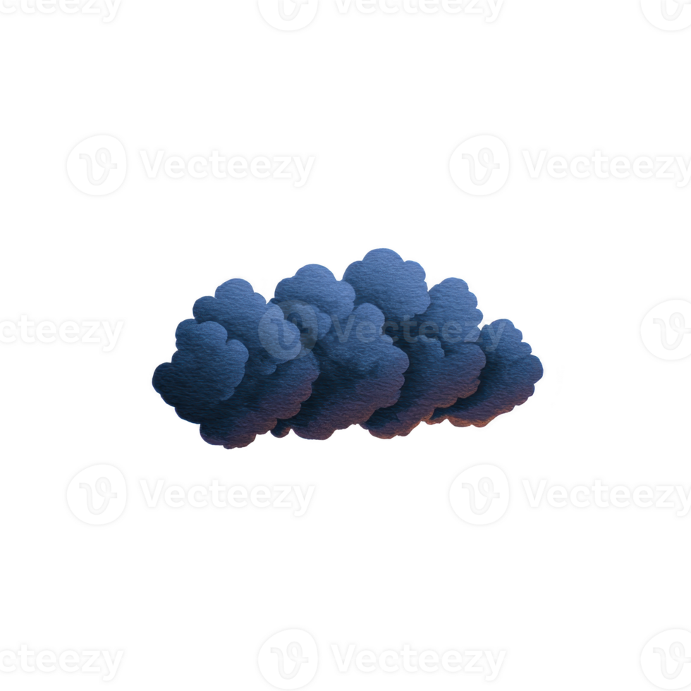 Dark, textured watercolor cloud illustration with moody atmosphere, featuring deep blue and purple hues. cloud has soft, fluffy appearance, evoking sense of calm and introspection png