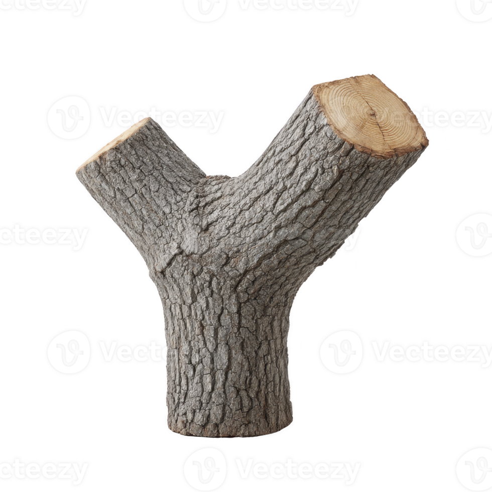 Y shaped tree branch with rough bark and smooth cut ends, isolated on transparency background. natural texture and unique shape make it ideal for woodworking or decorative purposes png