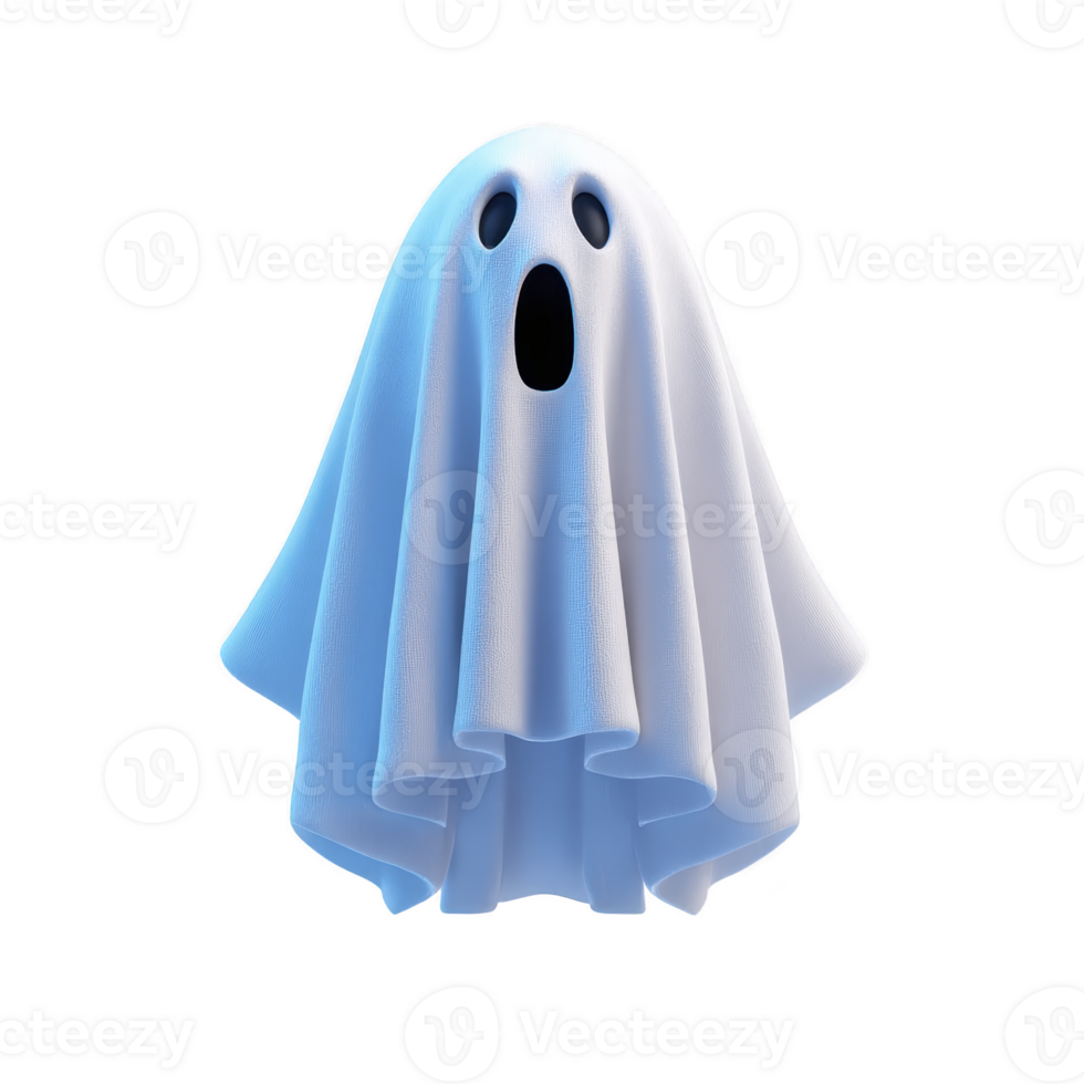 Cartoon ghost with white sheet and surprised expression floats against transparent background, creating spooky yet playful Halloween theme png