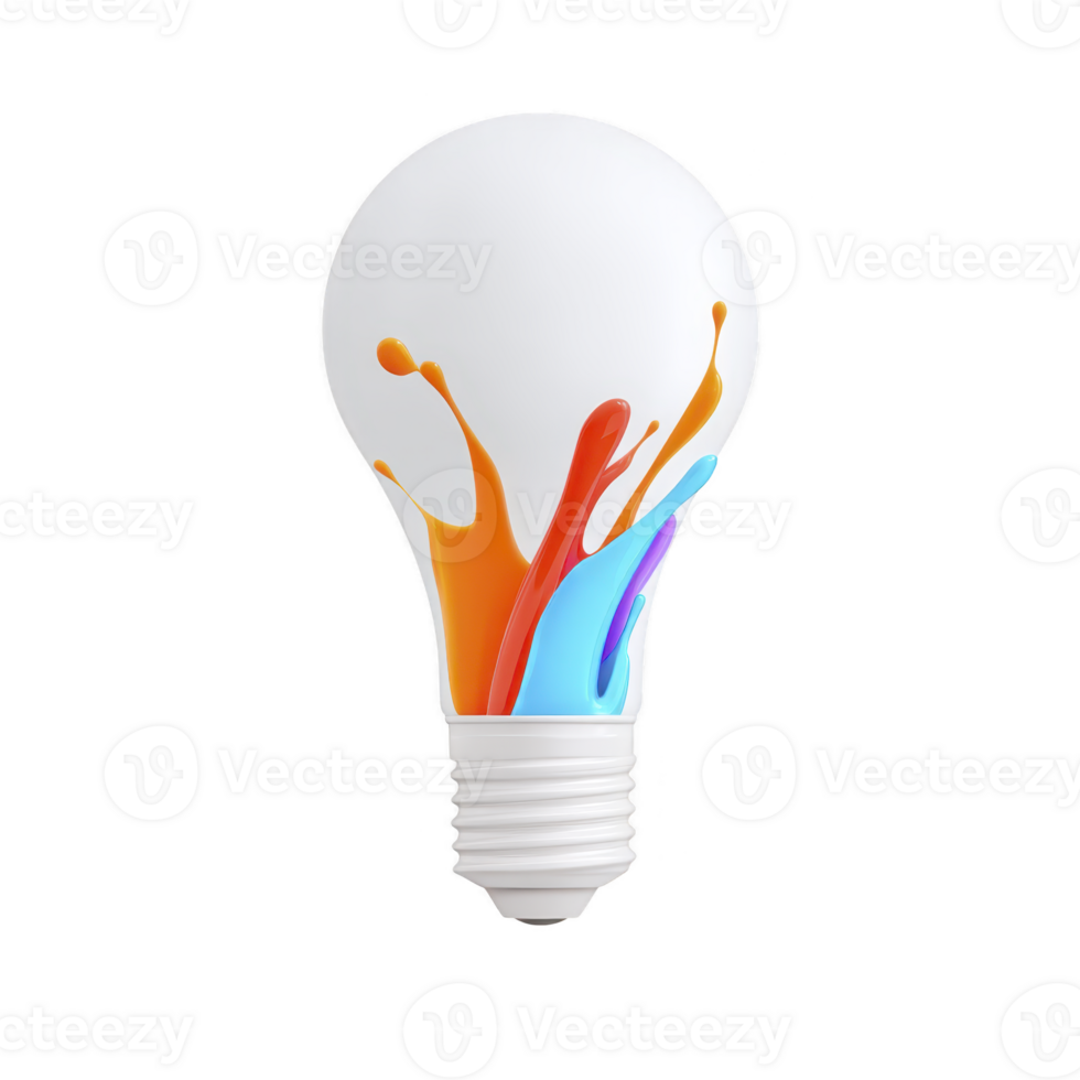 Light bulb with colorful paint splashes symbolizes creativity and innovation. vibrant colors against white bulb create striking contrast, representing bright ideas png