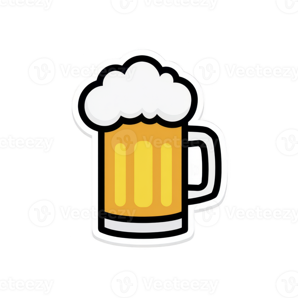 Cartoon style illustration of beer mug with frothy foam on top, featuring transparent background. design is simple and colorful, evoking sense of fun and refreshment png