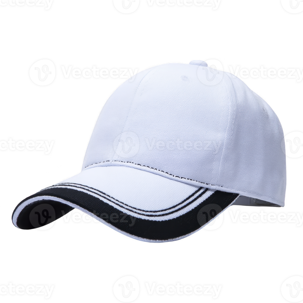 White baseball cap with black accents on brim, showcasing simple and sporty design. cap is made of fabric and features curved visor, suitable for casual wear png