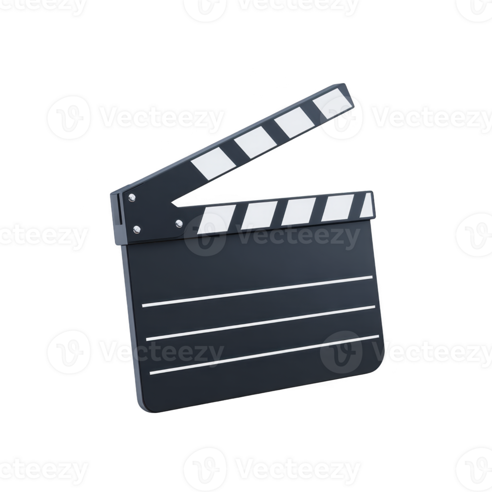 Black and white clapperboard used in filmmaking, featuring hinged arm and lined slate for scene information. This iconic tool is essential for synchronizing audio and in film production png