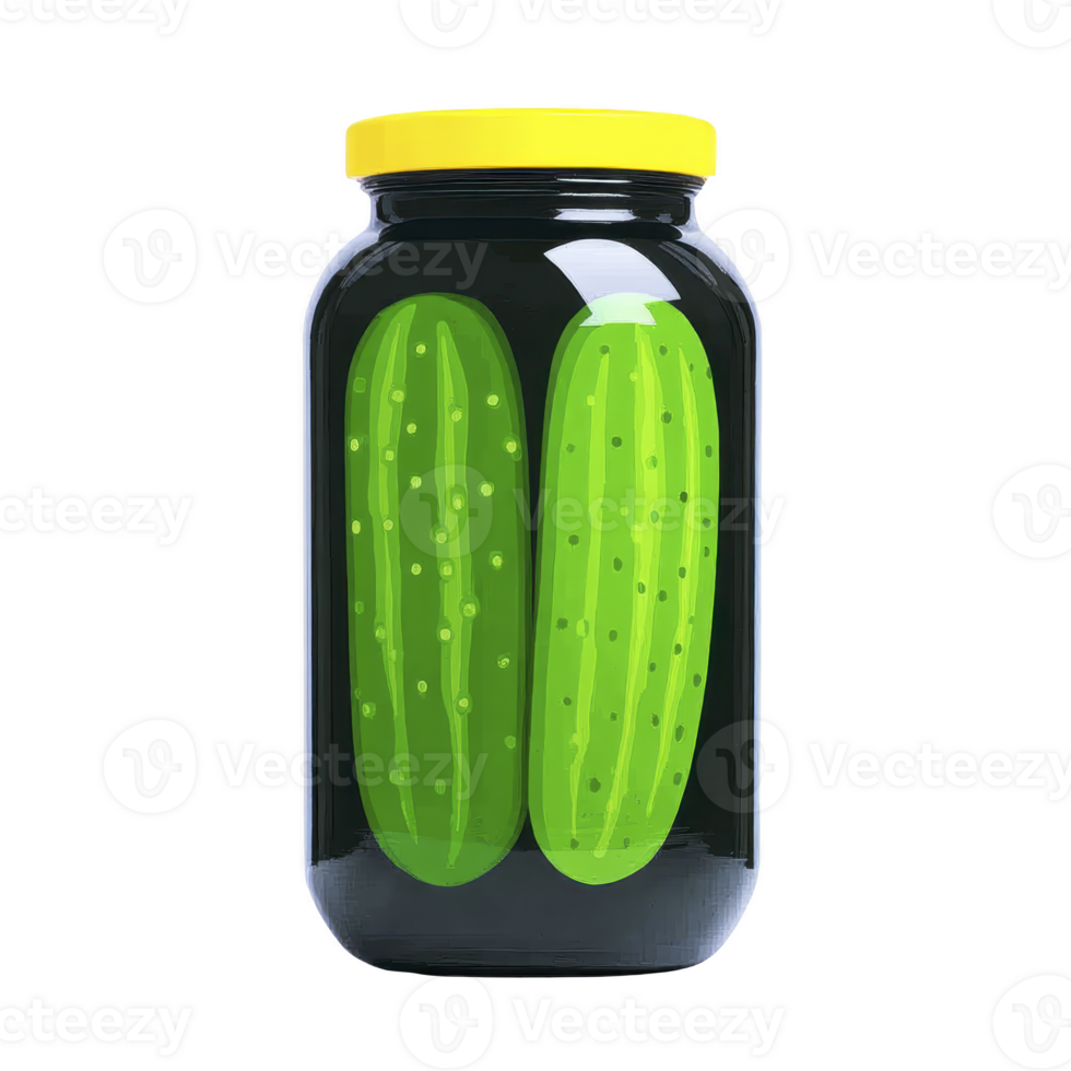 Jar of pickles with yellow lid contains two whole cucumbers submerged in brine. vibrant green cucumbers are visible through clear glass, showcasing their dotted texture png