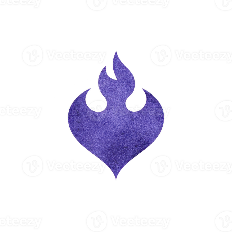 Stylized purple flame symbol with textured appearance, set against plain background, evokes sense of mystery and energy. design is simple yet striking, with focus unique shape and color of flame png