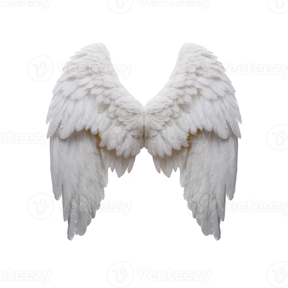 Pair of large, detailed white angel wings with layered feathers, symbolizing purity and grace, set against transparency background png