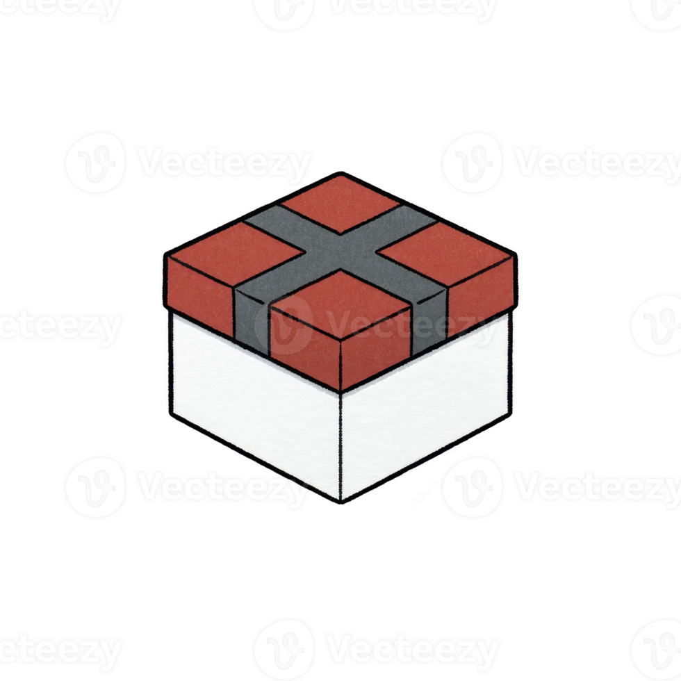 Red and gray gift box with cross pattern on lid, featuring simple, geometric design. box is square shaped and has white base, creating minimalist and modern look png